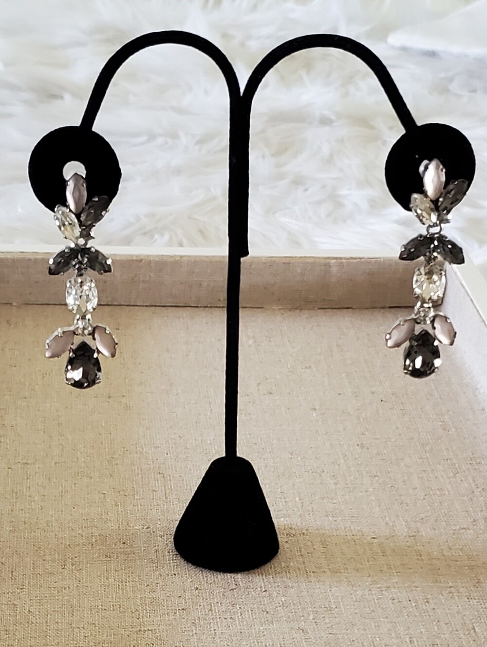 ​WHBM Smokey Gray Opaline Rhinestone Silver Statement Chandelier Drop Earrings